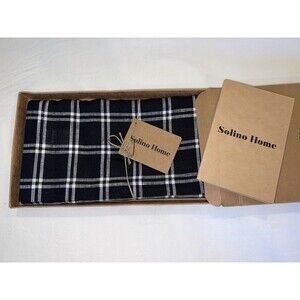 Solino Home Marseille Plaid Black  Table Runner 14 x 108 Inch – 100% Pure Linen